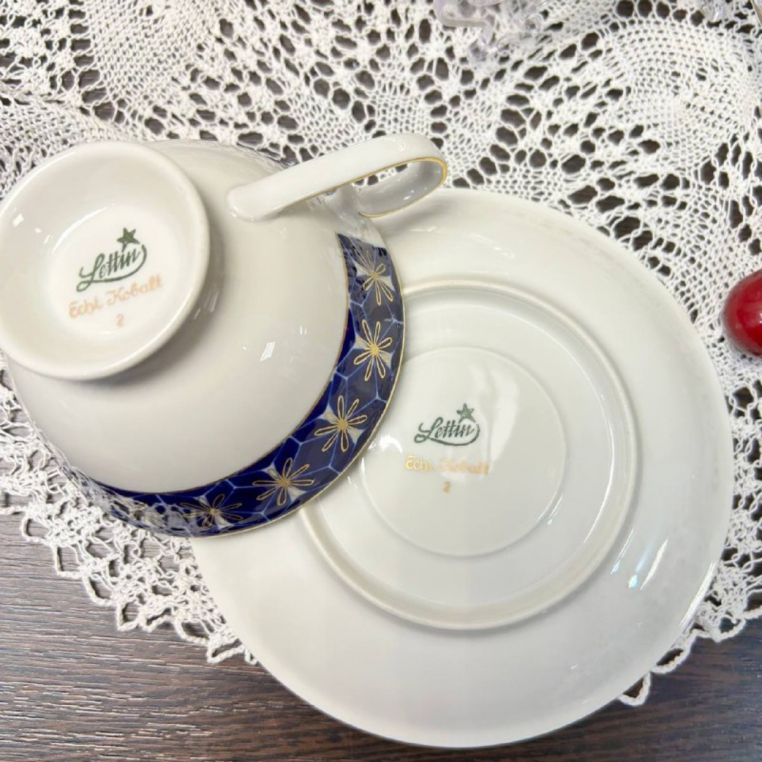 Чайное трио. Немецкий фарфор Lettin 1956-69гг. Натурал кобальт, позолота.. Картинка 4